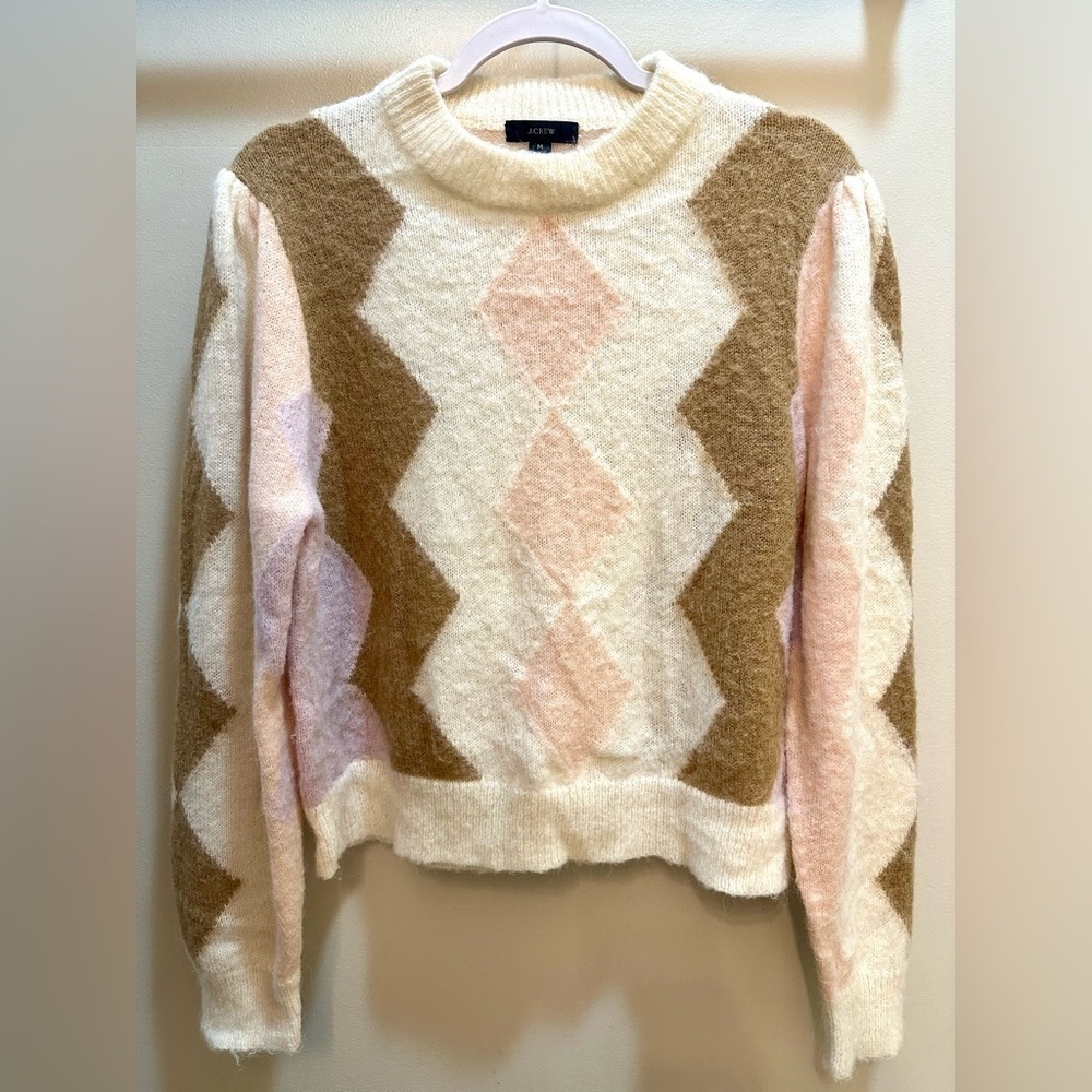 J.Crew Argyle Cropped Crewneck Alpaca and Wool Blend Sweater Size Medium